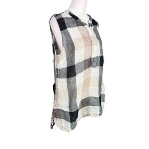 Soft Surroundings S 100% Linen Gauze Sleeveless Tunic Top Neutral Carreaux Plaid